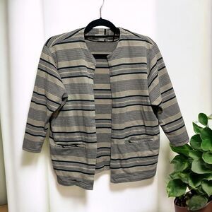 Striped Open Front Cardigan‎ Blazer Textured Knit 3/4 Sleeve Casual Office Wear